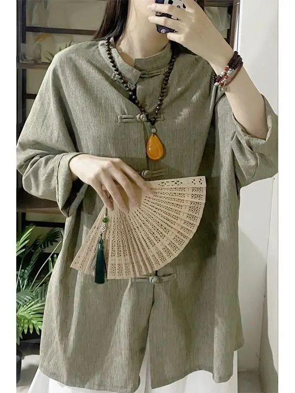 

Chinese Zen Sle Women's Linen Loose Tea Costume Set Spring Autumn Cold Feeling Button up Vintage irt Two Piece Set