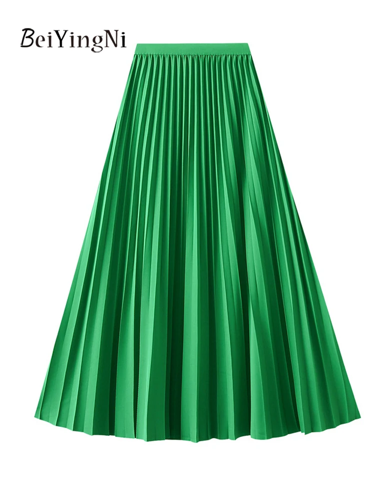 Beiyingni Woman Pleated Midi Skirt Solid Color Casual Woman's Elegant A-line High Waist Skirts Korean Fashion Large Hem Faldas