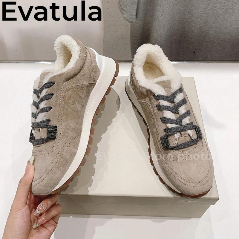 Winter Thick Sole Lace Up Fur Sneakers For Women High Quality Round Toe Suede Beaded Flat Shoes Casual Walking Wool Shoes Female