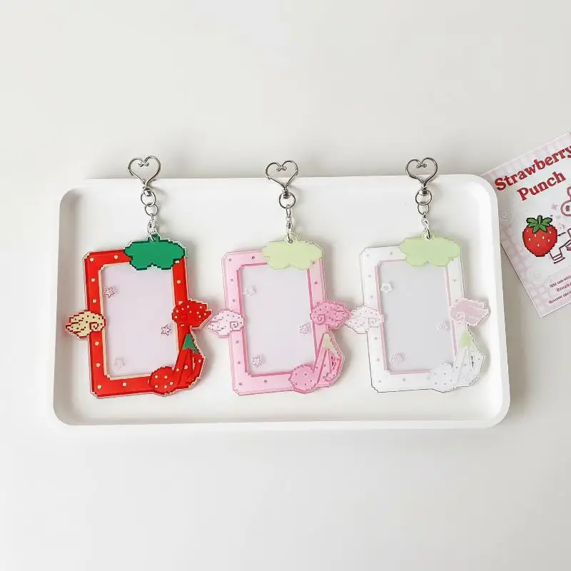 Acrylic Clear Photocard Holder 3 Inch Unique Fruit Wings Kpop Card Case Portable Hanging Decor for Student School Bag