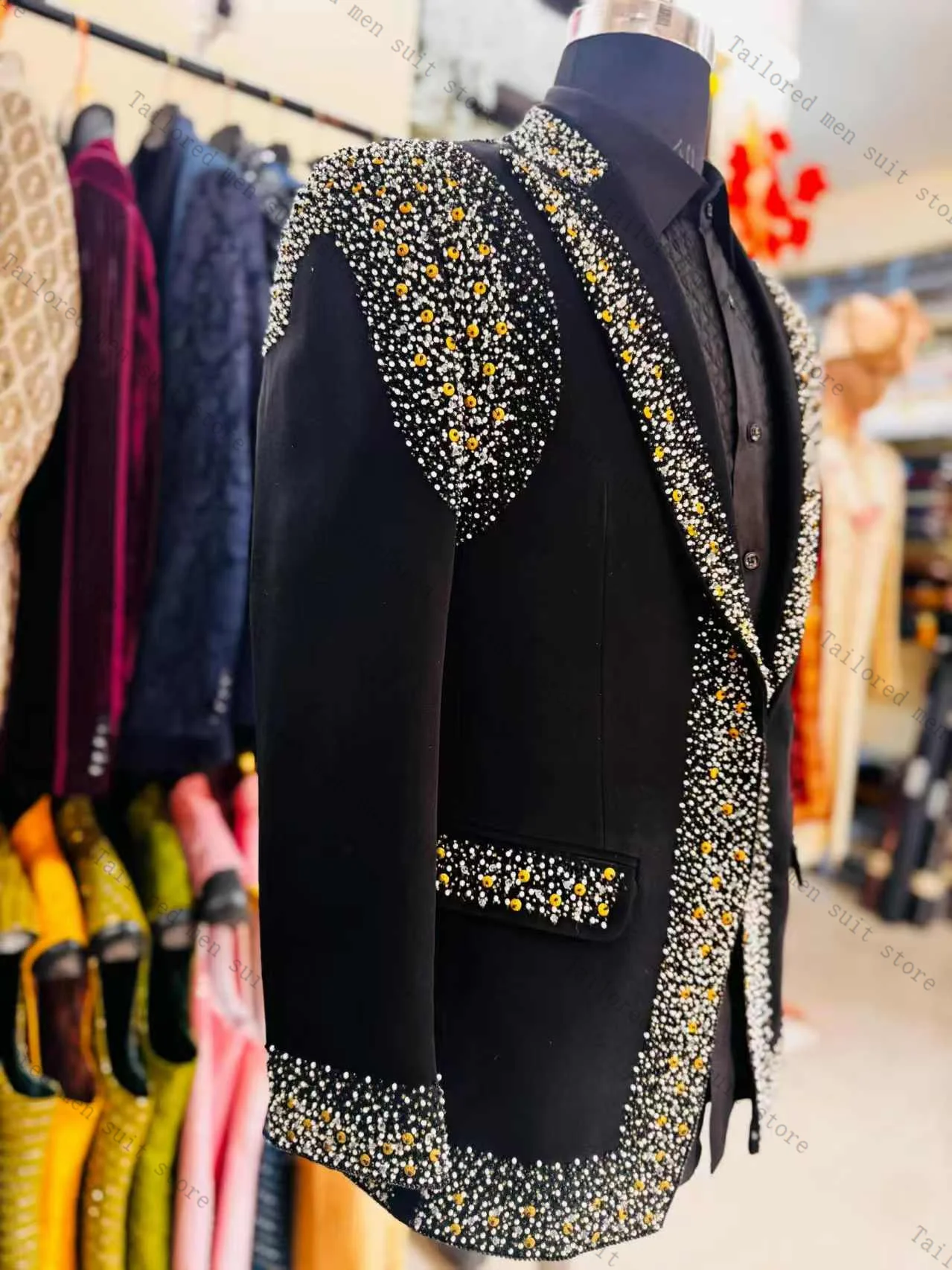 Conjunto de trajes de hombre con cristales negros, chaqueta de 2 piezas + Pantalones, chaqueta de esmoquin de boda para novio de algodón, abrigo Formal personalizado para oficina