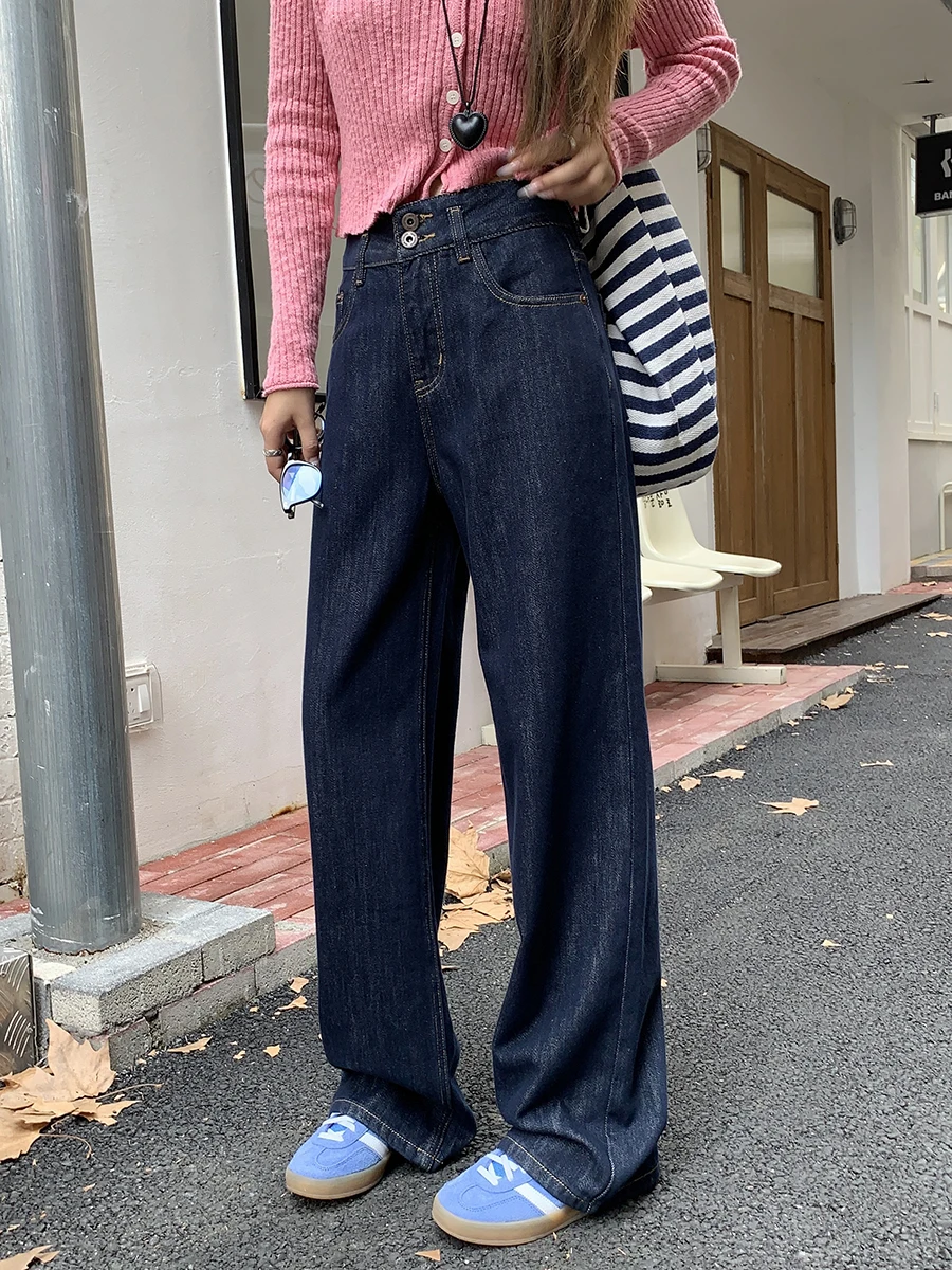

Темно-синие брюки из джинсовой ткани. Женские свободные широкие брюки. Осенние длинные прямые джинсы с высокой талией больших размеров.