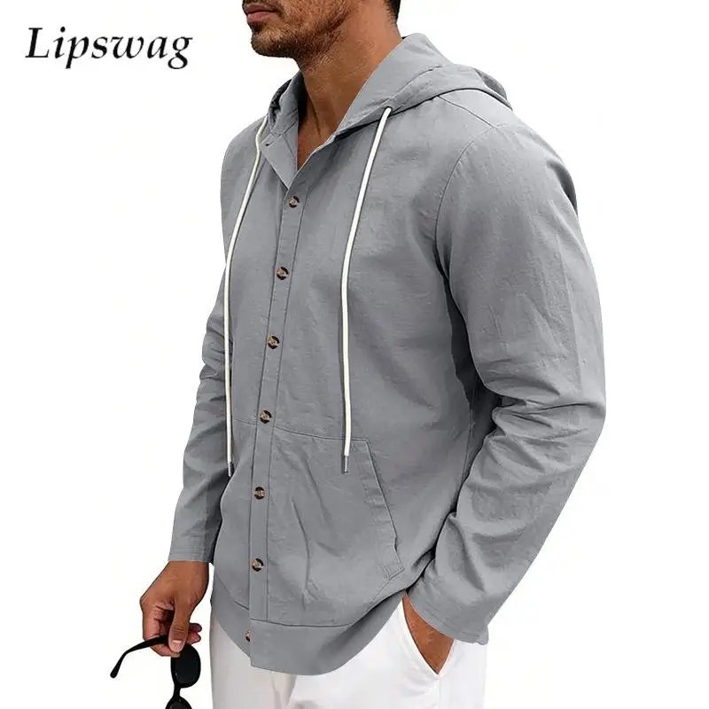 

2026 Spring Casual Mens Hooded Cardigan Vintage Loose Long Sleeve Linen Shirts Men Fashion Solid Color Buttoned Drawstring Shirt