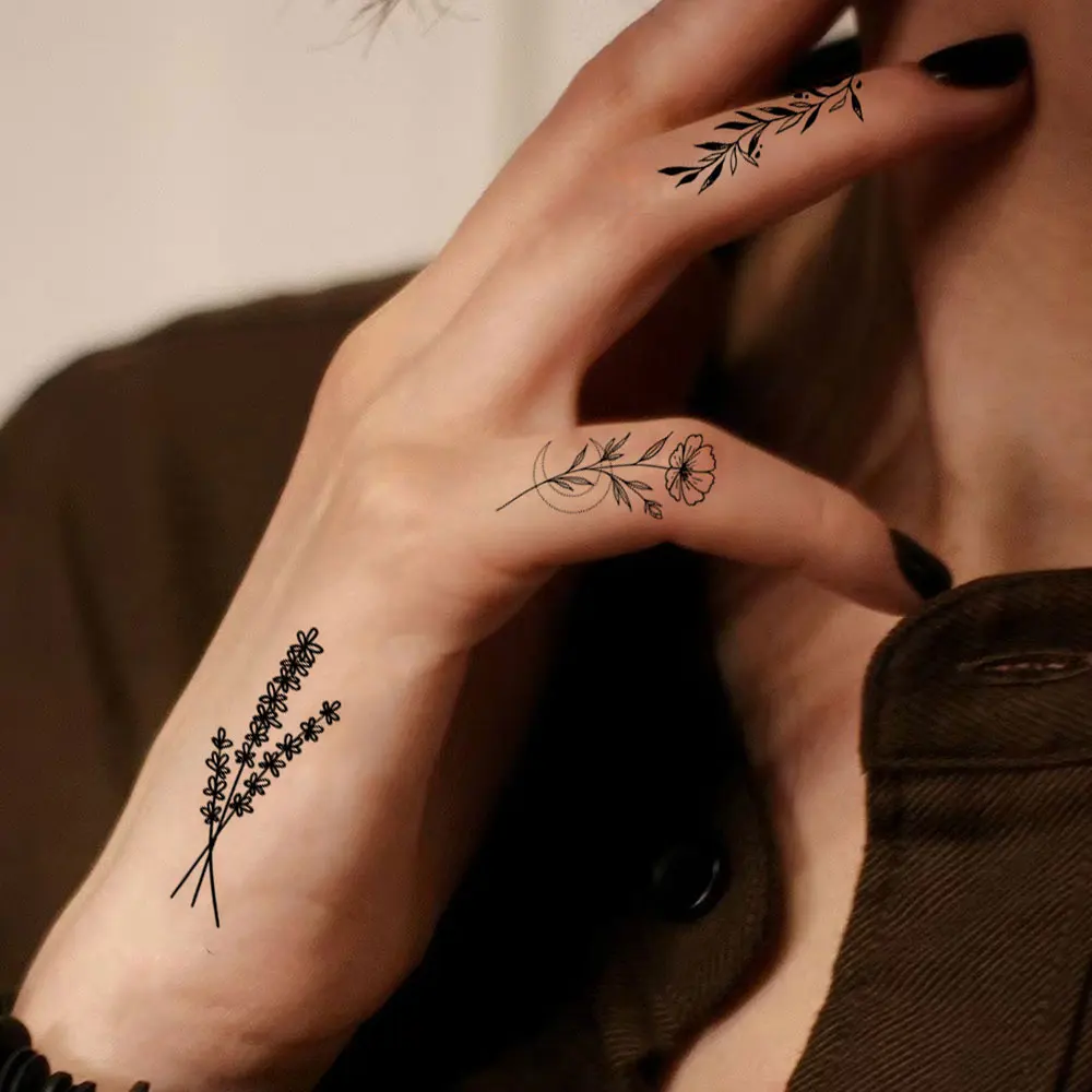 30pcs Black Little Flower Blossoms Fake Tattoo Sticker Women Temporary Tattoo Women Hands Back Body Art