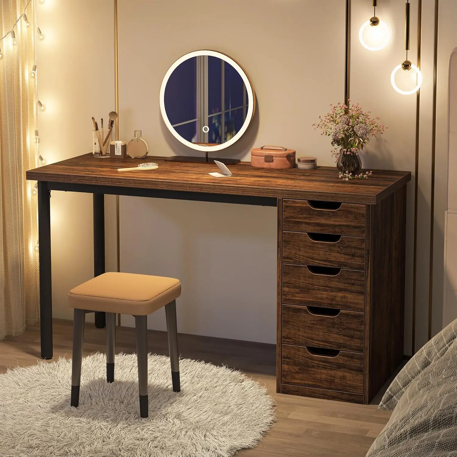 47 inches Vanity Desk with 5 Drawers (Brown+Brown)