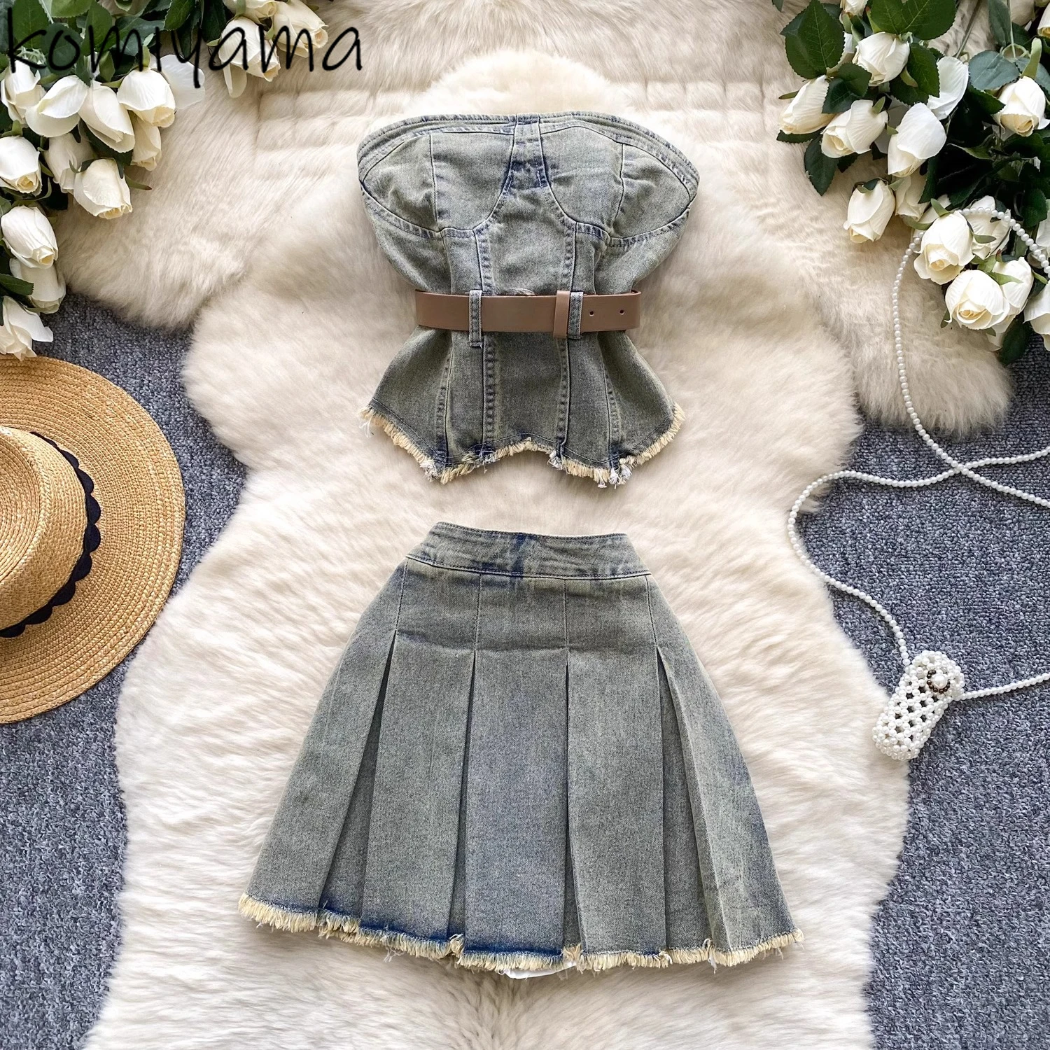 

2025 Summer New Denim Woman Sets Fashion Sexy Bandage Tunic Ropa De Mujer High Waist Mini Pleated Skirt Spice Girl Suit