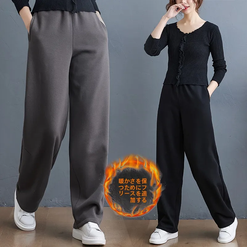 

plus Size Fce Lined Thiened Straight Leg Casual Pants Women's Loose Fit Winter Trousers Artistic Sle Long Pants