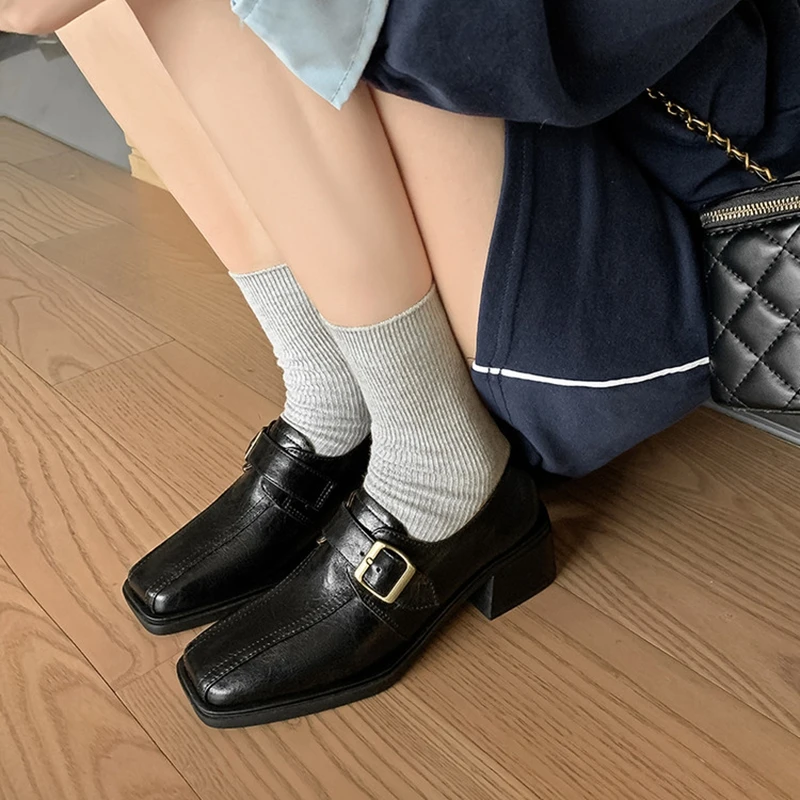 NEW Autumn/Spring Women Loafers Genuine Leather Shoes for Women Square Toe Chunky Heel Shoes Slip-on Belt Buckle Daily Shoes