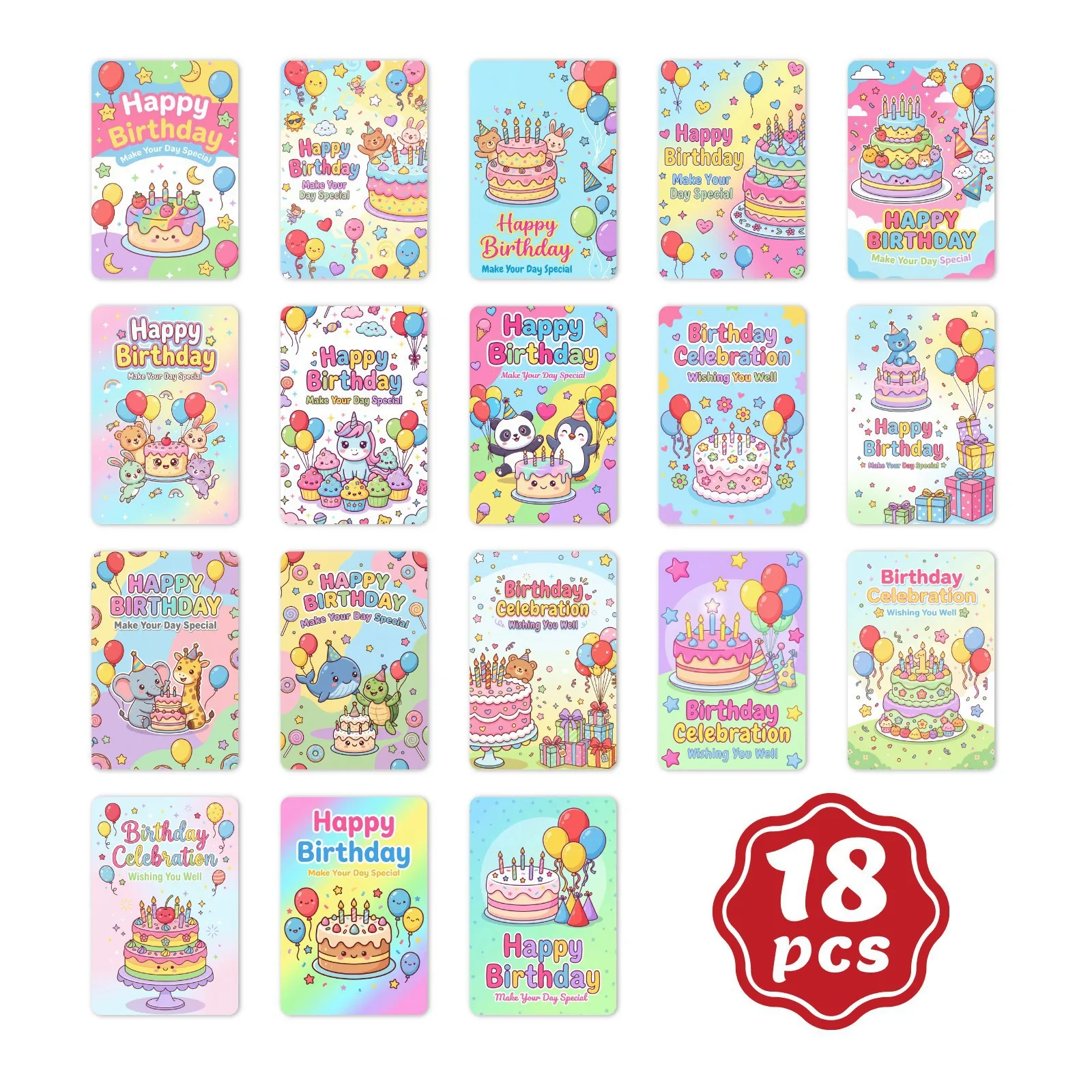 

18 открыток на день рождения с милыми мультяшными животными в японском стиле каваи, набор поздравительных открыток с пожеланиями на день рождения