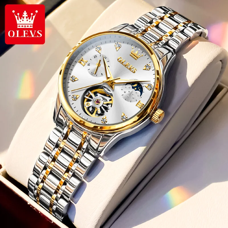 

OLEVS 6608 Women's Watch Hollow Waterproof Mechanical Watch For Women Moon Phase Stainless Steel Strap Luxury Ladies Wristwatch
