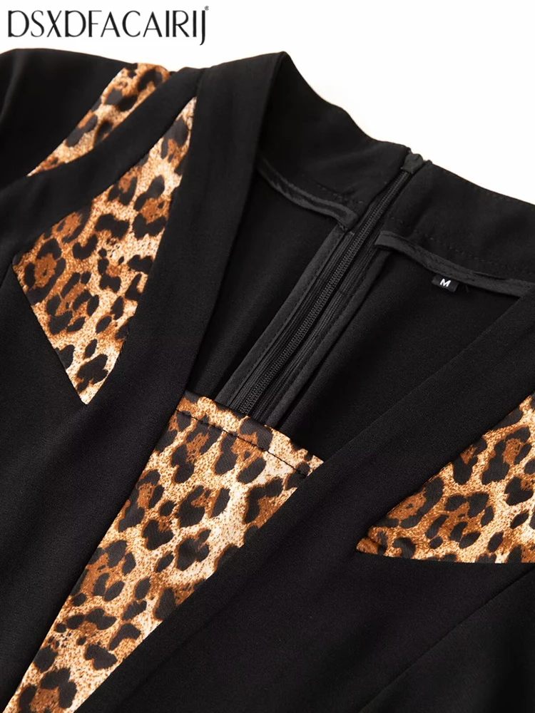 DSXDFACAIRIJ ليوبارد طباعة الخامس الرقبة فستان رصاص للنساء طويلة الأكمام الدانتيل متابعة شق أنيقة الخريف موضة الملابس النسائية