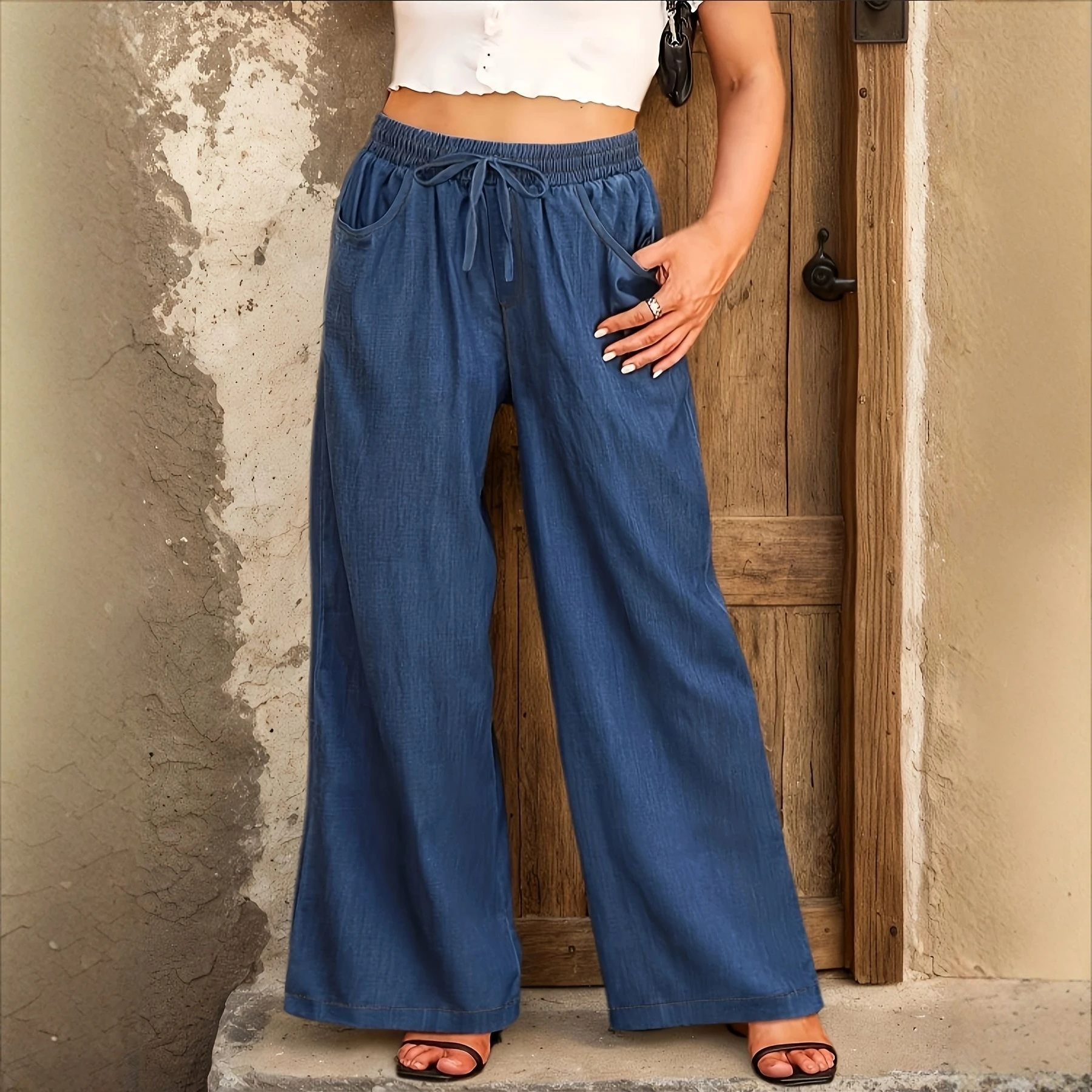 Women Lmitation Denim Wide Leg Jeans High Waist Drawstring Loose Trousers Casual Soft Summer Spring Jean Bottoms