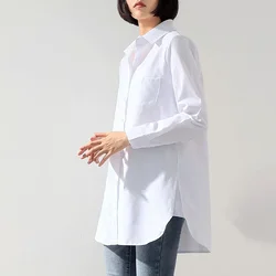 Women Blouses Plus Size Tops Curved Hem Linen Cotton Shirts Female Turn Down Collar Lapel Pocket Loose Oversize White Shirt