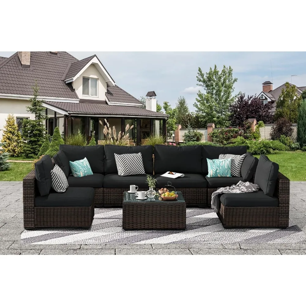 Outdoor Furniture Set 7 Piece Sofa - All Weather High Backrest PE Rattan Couch Conversation with Glass Topm, Garden Sofas