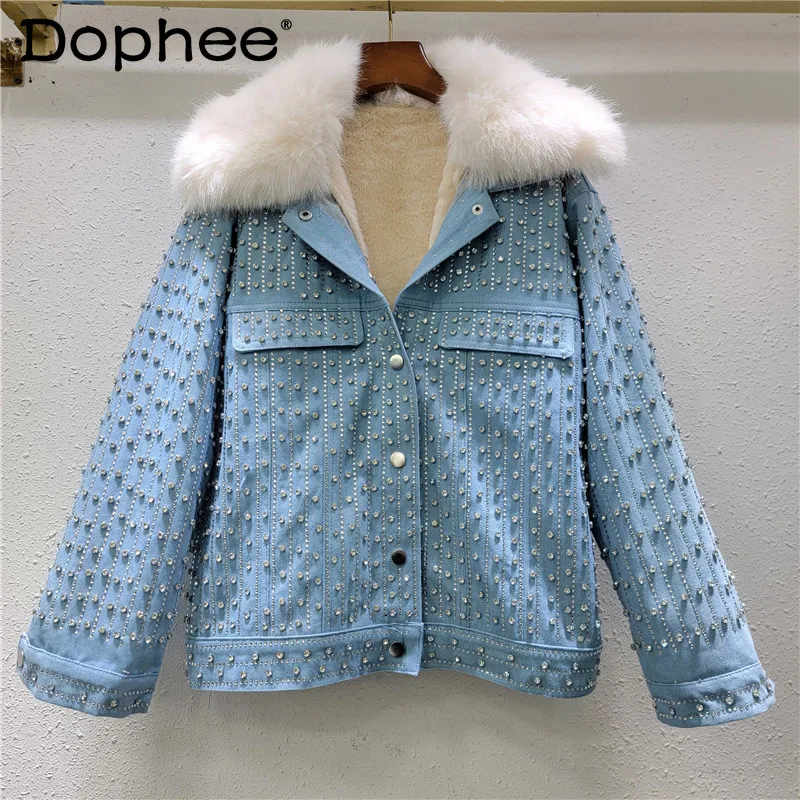 European Station 2024 Winter New Loose Versatile Fashion Heavy Industry Full Diamond Fleece Thickened Denim Cotton Jacket Women