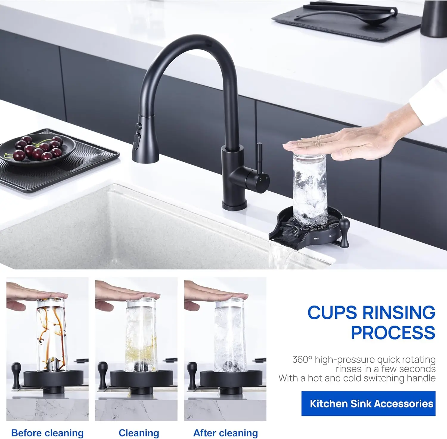 4 New Metal Faucet Glass Rinser For Kitchen Sink - Upgraded Hot And Cold Handle 360° Rotating Cup Washer, Faucet Bottle