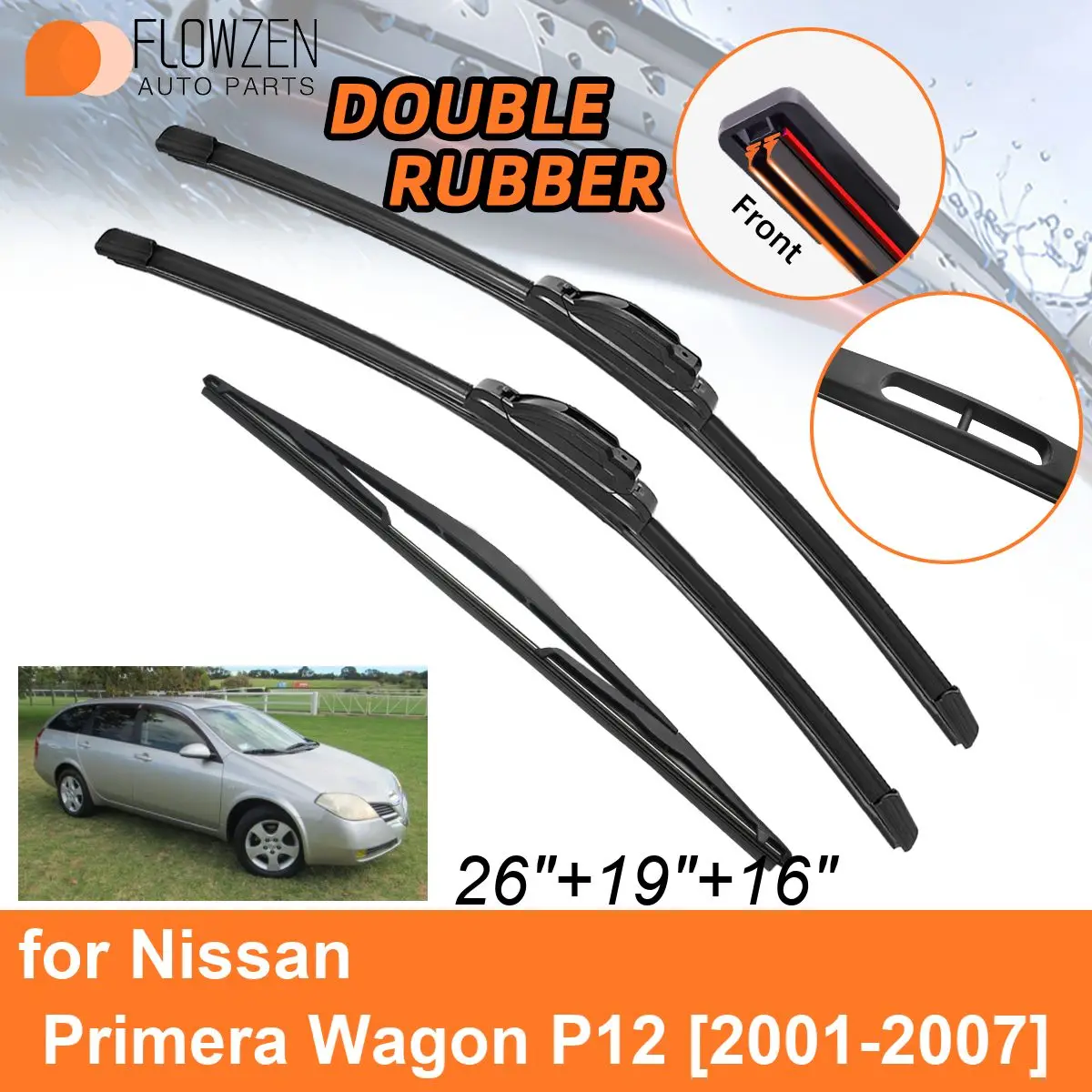 Double Rubber Car Wiper Blades for Nissan Primera Wagon P12 2001-2007 Rear Blades Accessories 2001 2002 2003 2004 2005 2006 2007