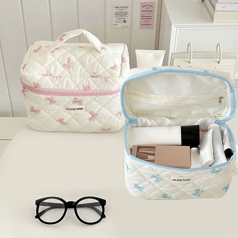 여성용 대용량 여행 정리함 워시백, 휴대용 퀼팅 화장품 가방, 귀여운 활 매듭 패턴, 메이크업 보관 가방, 1PC