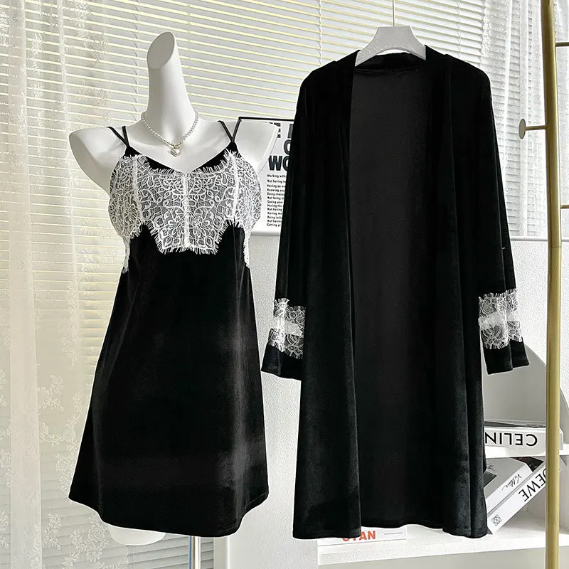 

Elegant Loungewear Velour Nightgown Bathrobe Set Women Winter New Homewear Sexy Hollow Out Nightdress Soft Chemise Sleepwear