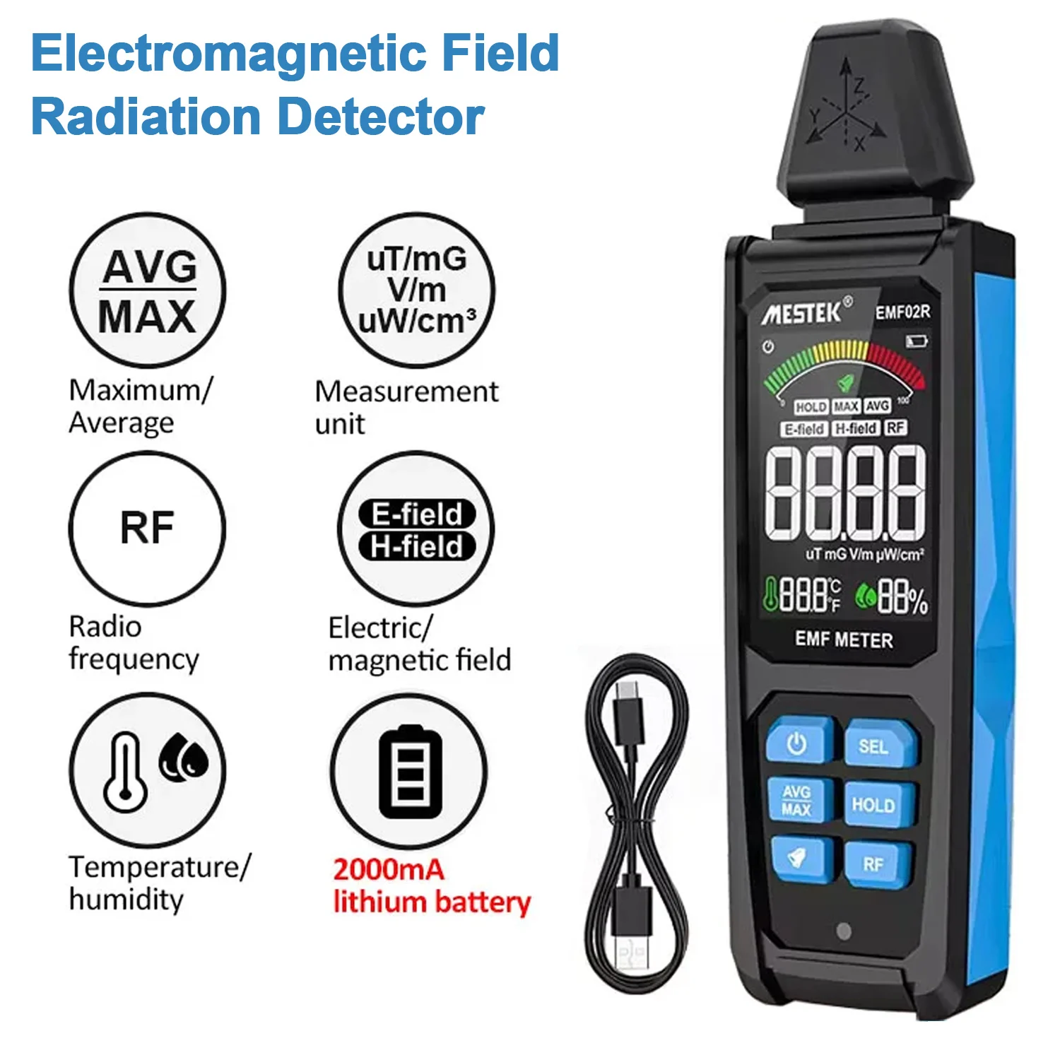 EMF02R Miernik EMF 30 MHz ~ 8 GHz Detektor promieniowania pola elektromagnetycznego Detektor temperatury otoczenia i wilgotności Radiometr z