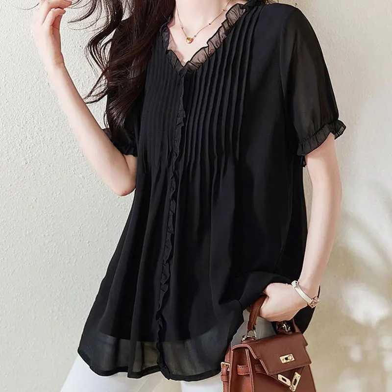 Pendelen Geplooide Effen Kleur Blouse Zomer Korte Mouw Stijlvolle Eetbare Boom Schimmel Basis Vrouwelijke Kleding Elegant V-Hals Shirt Nieuw