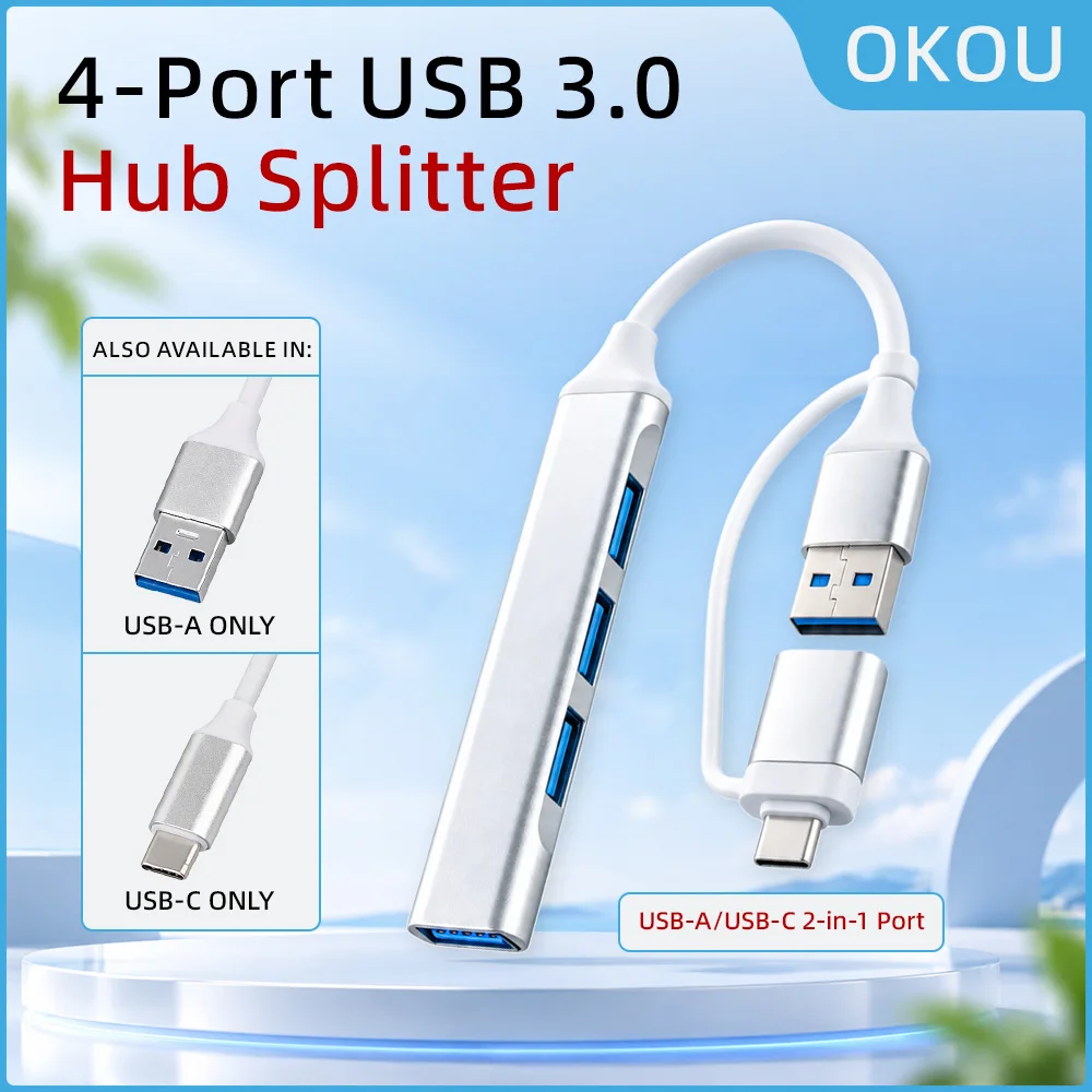 USB 3.0 Hub 4 Port Aluminum USB Splitter 5Gbps High Speed USB Expander USB-A & USB-C Input for Laptop PC MacBook Desktop OTG