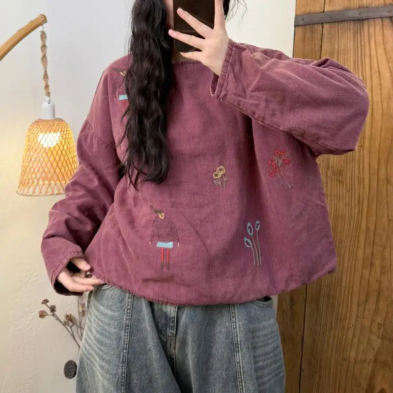 

Осень-зима, новый художественный стиль, женские свободные повседневные короткие толстовки с длинным рукавом и круглым вырезом, винтажные хлопковые льняные пуловеры с вышивкой