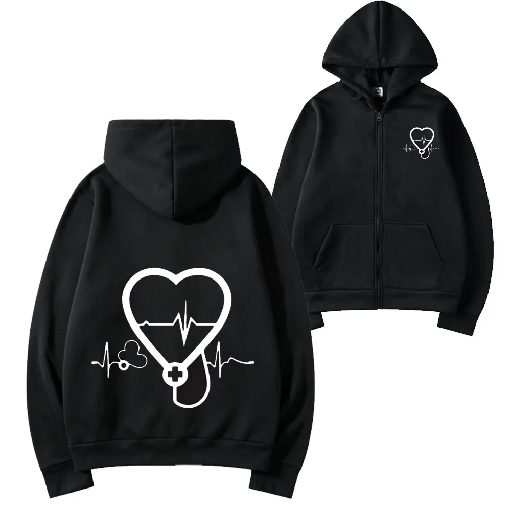 Sudadera con capucha para mujer, estampado de estetoscopio y EKG, con cremallera, para otoño e invierno, con bolsillos, para enfermeras, ropa de exterior para la vida de enfermera