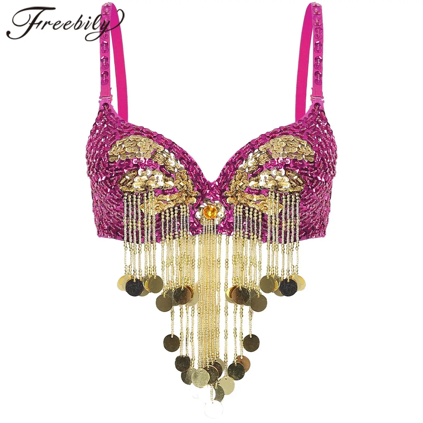 Womens Belly Dancing Costume Beaded Tassels Belly Dance Tops Rave Music Festival Clubwear Dancewear Shiny Sequins Underwired Bra