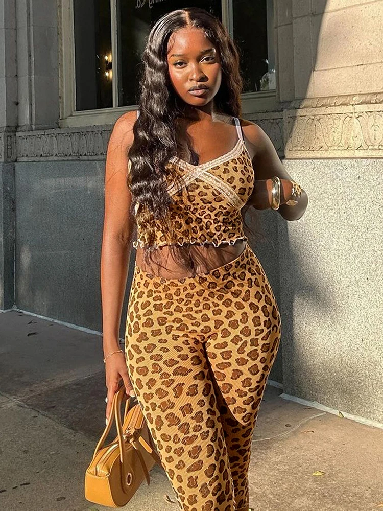 

Женский спортивный костюм Weird Puss, комплект из 2 предметов, повседневная майка с леопардовым принтом Y2K + средние брюки, плотные эластичные обтягивающие одинаковые уличные наряды