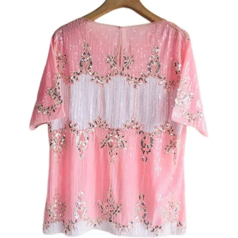 2025 Summer New Women's Fashion Crew Neck Sequin Short-sleeved Loose Niche Embroidered Temperament T-shirt Ins Top