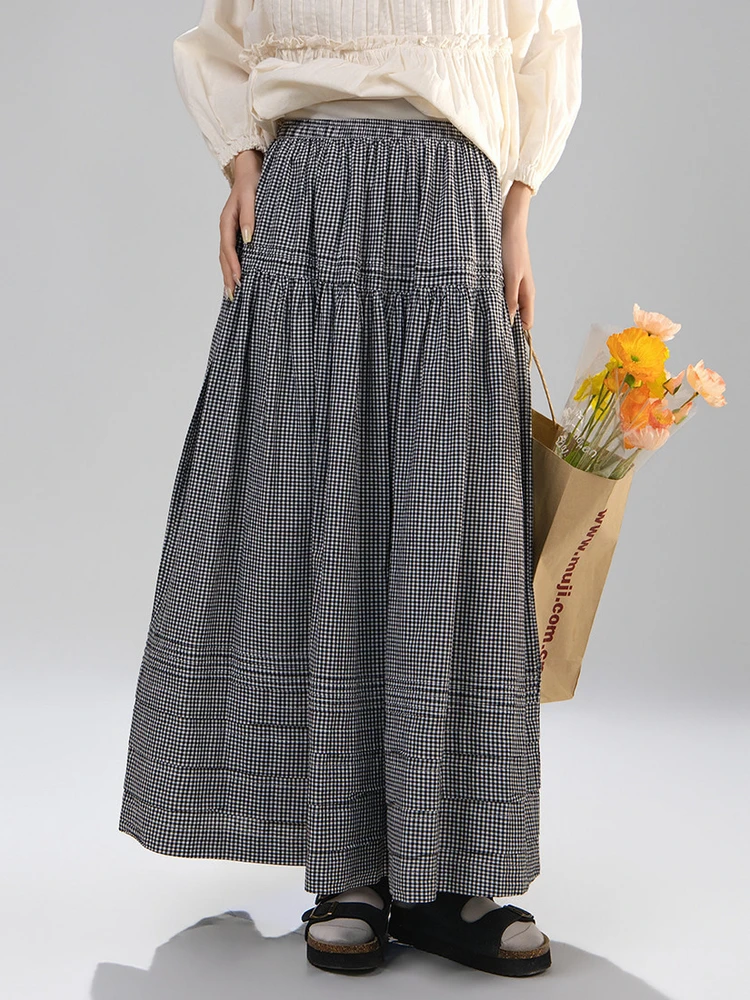 

High Waist A-Line Skirt Black And White Small Plaid Patchwork Japanese Style Women's Summer Fashion Art Wild Series