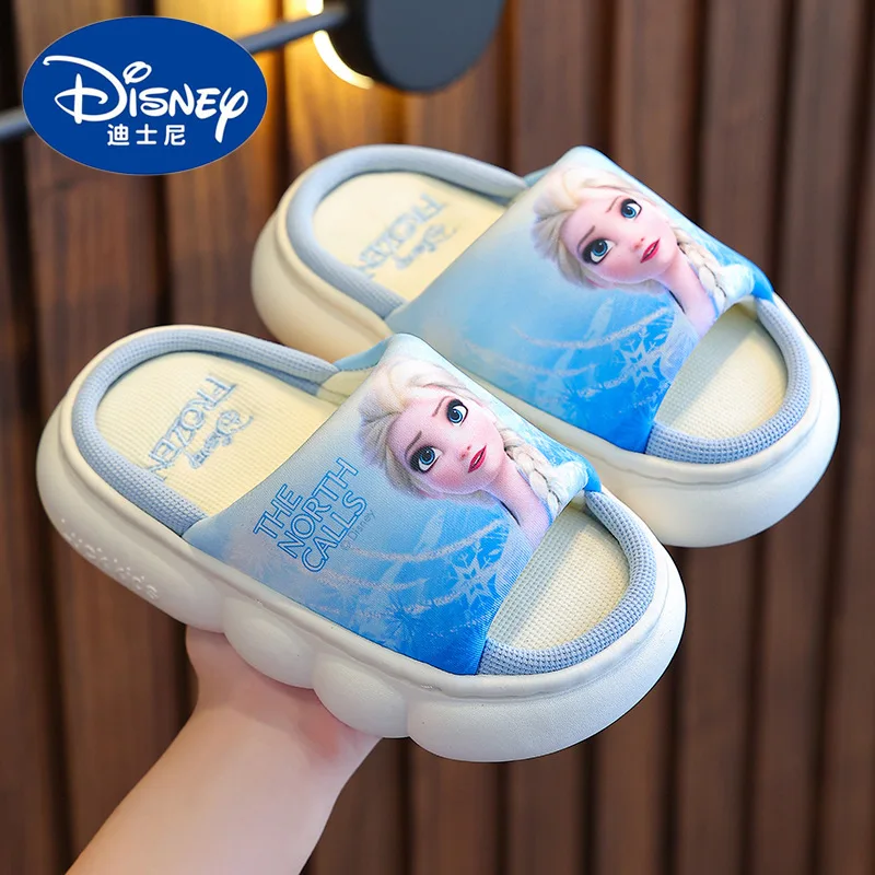 Pantoufles en lin Disney Princess Elsa pour enfants, semelle optique non ald respirante, chaussures de sol pour bébé, pantoufles d\'été pour la