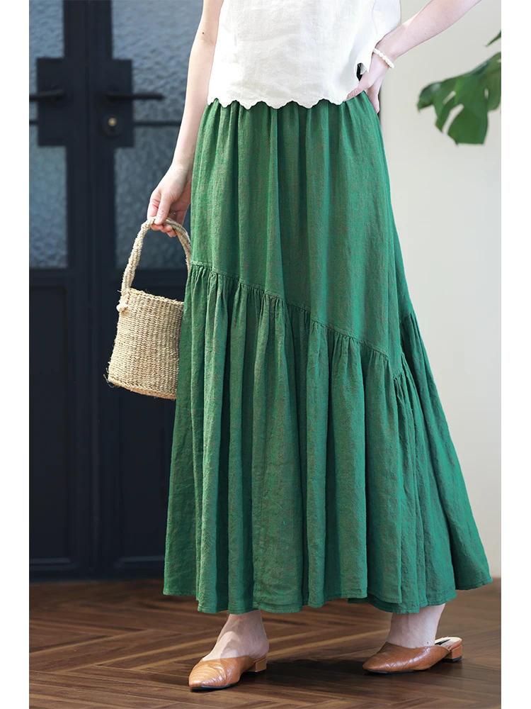

een Linen f Skirt with Lace Hem Elastic Waist Lazy Long Cake Sle Umbrella Skirt Casual Loose Fit A-Line Skirt