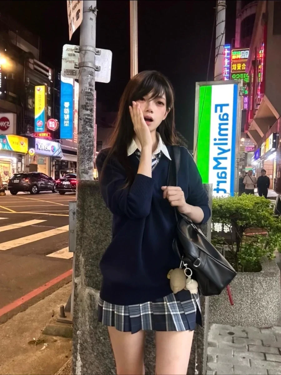 

Японский школьный orm Sle Женский вязаный свитер Jaet Long Sve V-Ne Базовая модель Многослойный модный чистый цвет