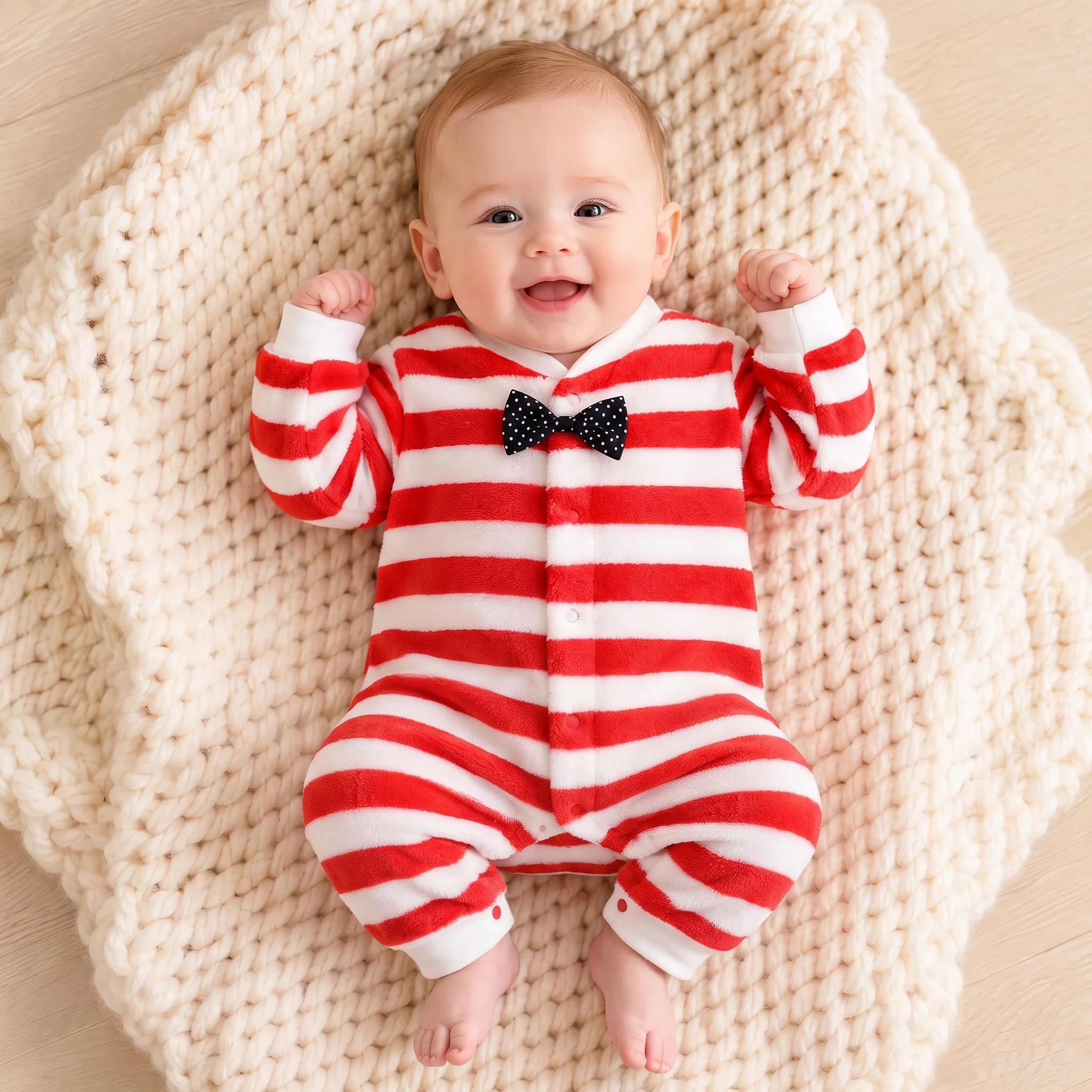 Baby Red and White Striped Flannel Jumpsuit Autumn and Winter Thickened Warm Baby Romper Long-Sleeve Gentleman Butterfly Onesie