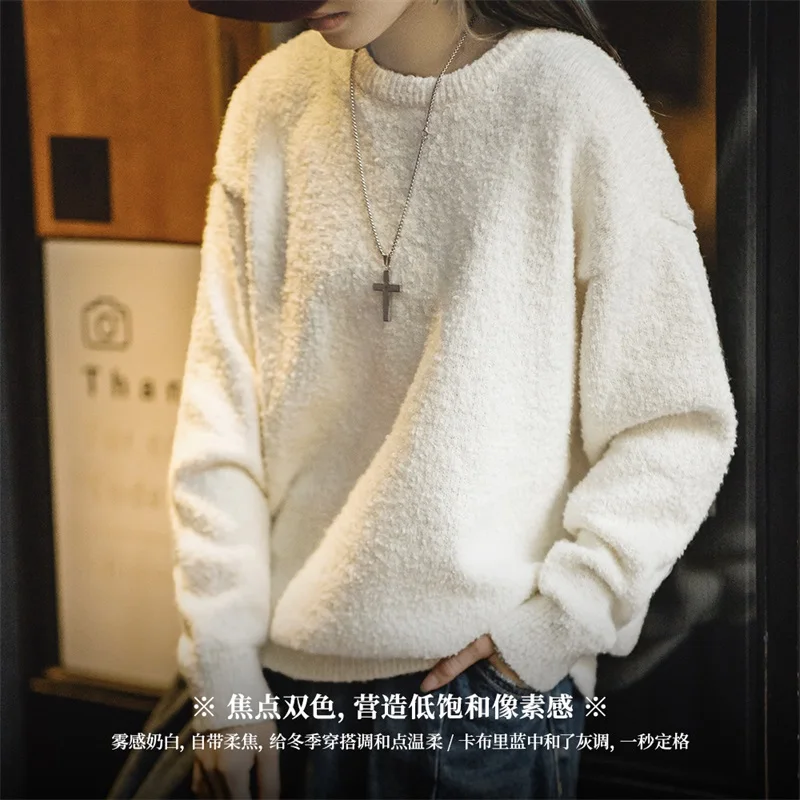 MADEN Women Imitation Mink Sweater Autumn Winter Warm Undershirt Tops Loose Fit Round-neck Long Sleeve Thick Pullover Sweater