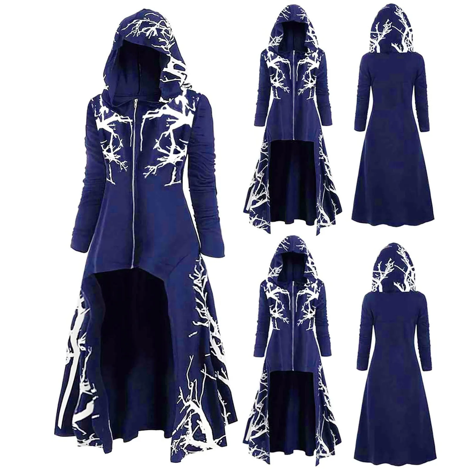 Womens And Men Hooded Cloak Halloween Dress Plus Size Tree Print High Low Printed Coat Blouse Tops Party Zipper Cloak Costumes