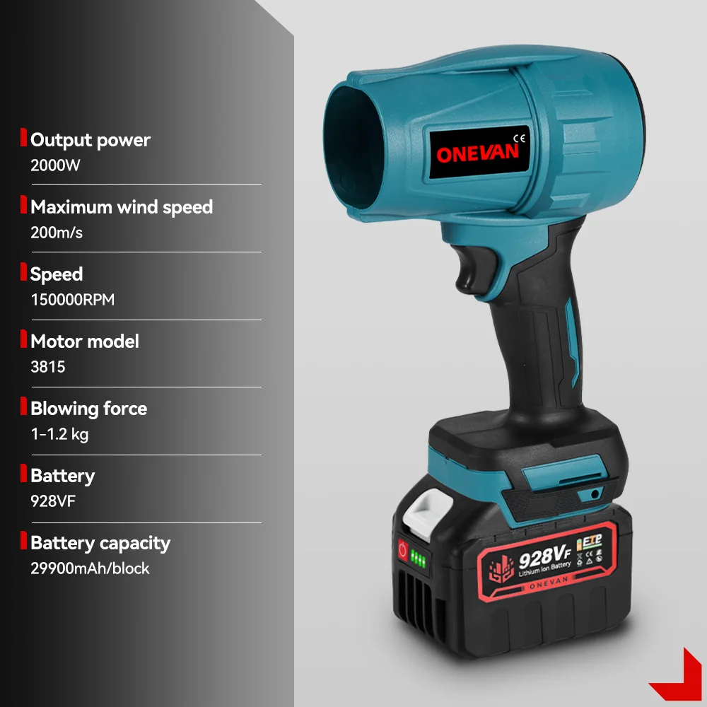 ONEVAN 2000 واط 200 متر/الثانية فرش مروحة تربو كهربائية اللاسلكي ورقة منفاخ الهواء مروحة نفاثة الثلوج الغبار تهب أداة السلطة صالح بطارية 18 فولت