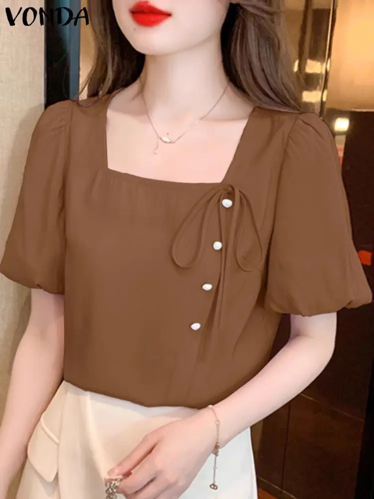 

VONDA Casual Solid Color Tunic Women Elegant Blouse 2024 Summer Tops Sexy Square Collar Shirts Bandage Fashion Blusas Femininas