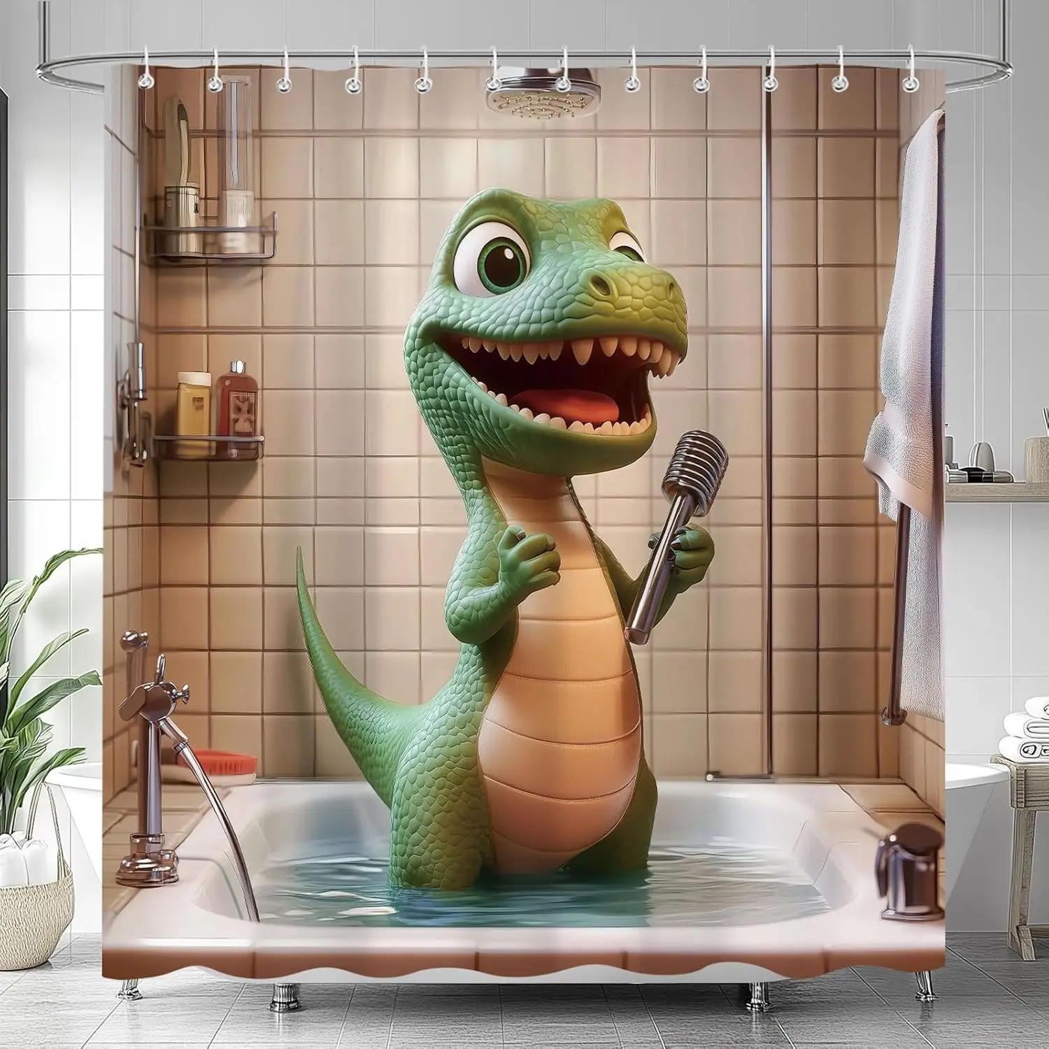 

Funny Dinosaur Shower Curtain, Whimsical Cartoon Dino Singing in Bathtub and Take a Bath Design Bath Curtains for Bathroom,