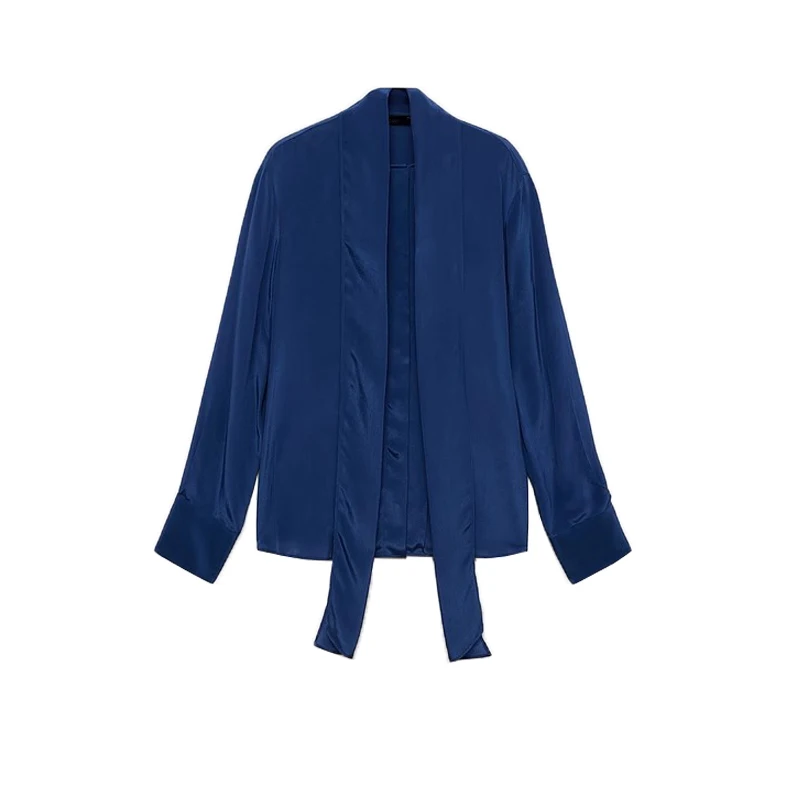 

Silk Satin Long Sve irt Women's New Arrival Winter Season V-Ne Knot Collar Loose Fit Commute Sle Pure Color