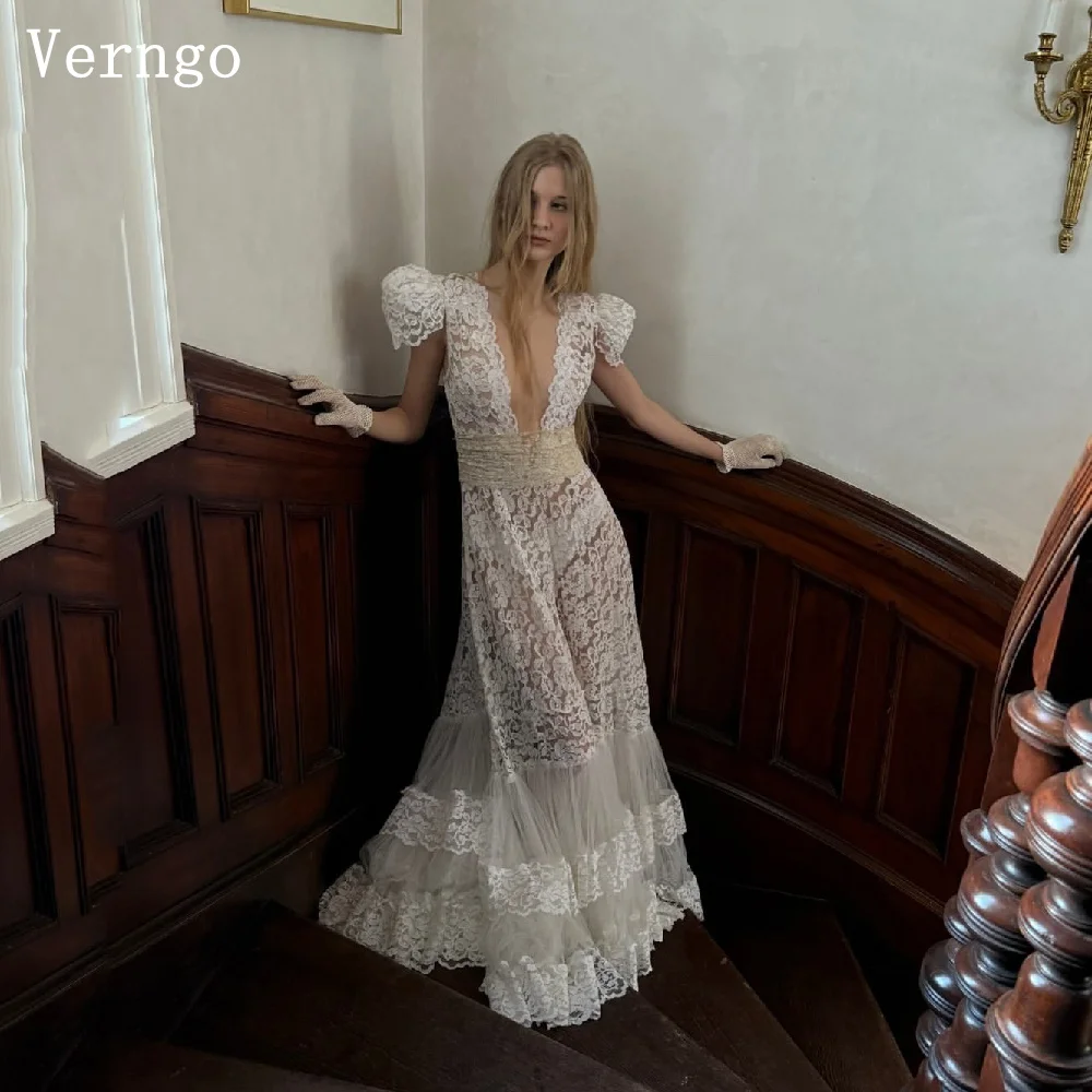 Verngo Sexy Lace Wedding Dress Deep V Neck Tiered A Line Bridal Gowns Women Elegant Short Sleeves Bride Dresses Customized