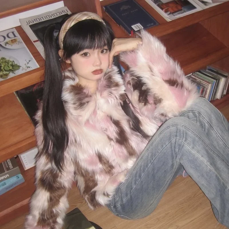 

Винтажная зимняя женская одежда Y2k, японские утолщенные теплые топы Mujer, модный милый свободный кардиган, пальто с принтом тай-дай, искусственный мех