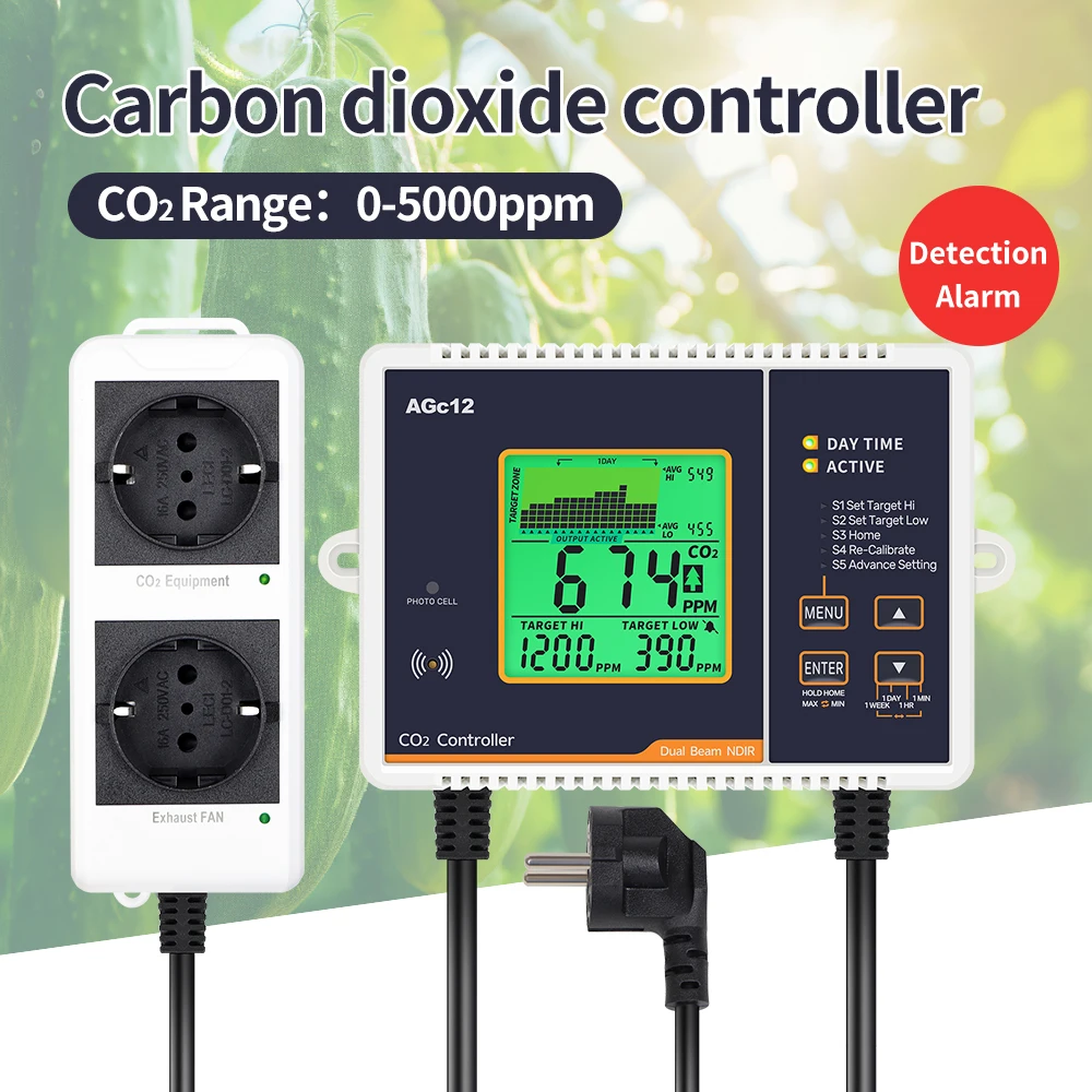 Carbon Dioxide Controller CO2 Monitor Dual Sensor CO2 Concentration Control EU US Plug CO2 Pressure Reducer Valve for Greenhouse