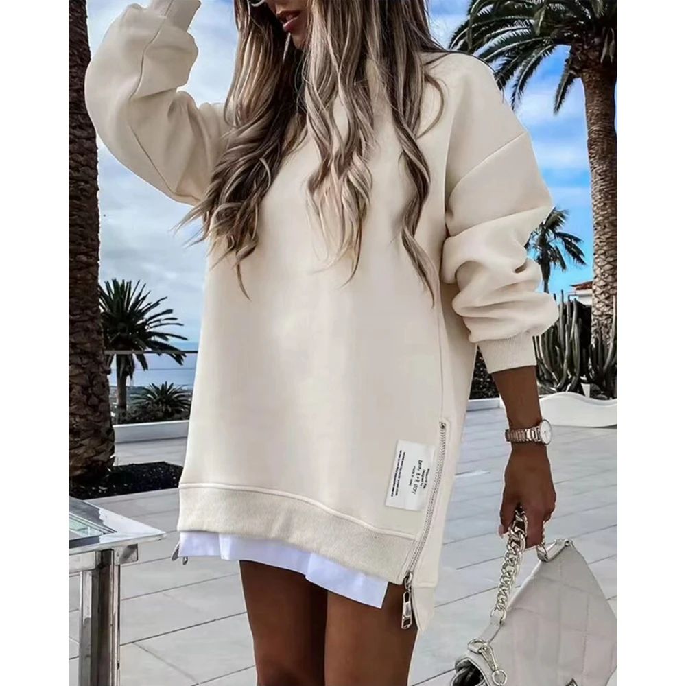 

2024 Autumn Women Long Sleeve Zipper Design Sweatshirt Dress Fashion Elegant Femme Colorblock Sporty Loose Dress Street Wear