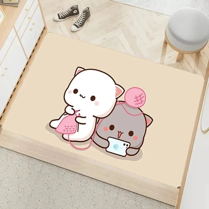 Entrance Door Mat Cute Peach Mochi Print Non-slip Absorbent Bathroom Cartoon Rug Home Bedroom Carpet Room Decoration