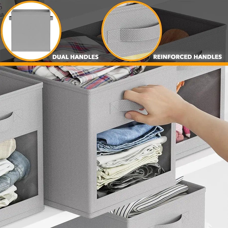 مكعبات تخزين بنوافذ شفافة، مجموعة من 6 صناديق قماش، صناديق سلال قابلة للطي مقاس 11 بوصة للخزانة، رف حجرة أو تخزين مكعب O