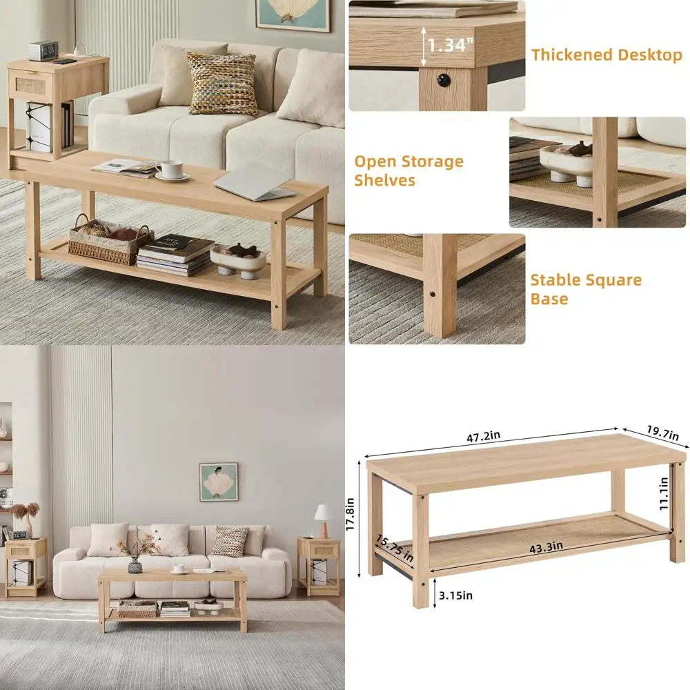 

Rattan Living Room Coffee Table with Open Storage Shelf, Natural Wood