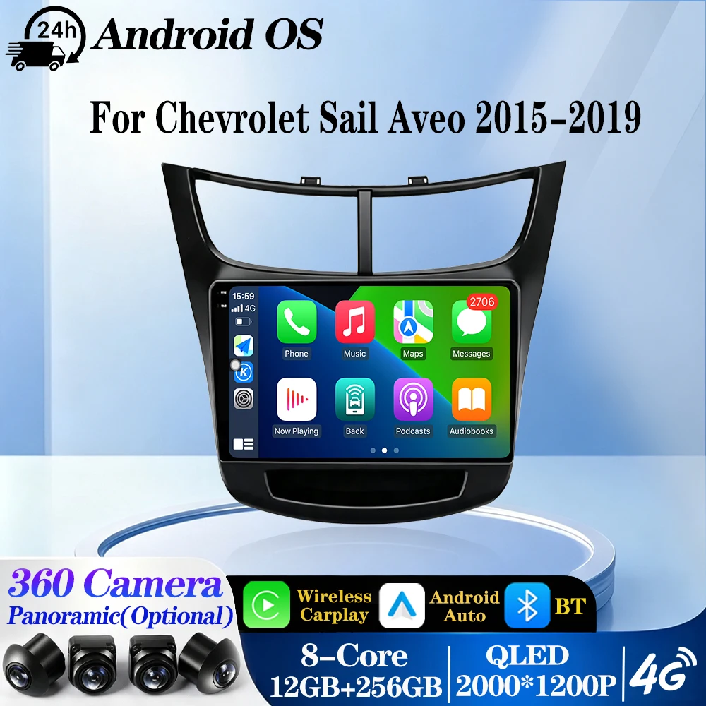 Car Radio GPS Multimedia Player Stereo 2K Screen For Chevrolet Sail Aveo 2015-2019 Android16 Auto Wireless Carplay BT 360 Camera